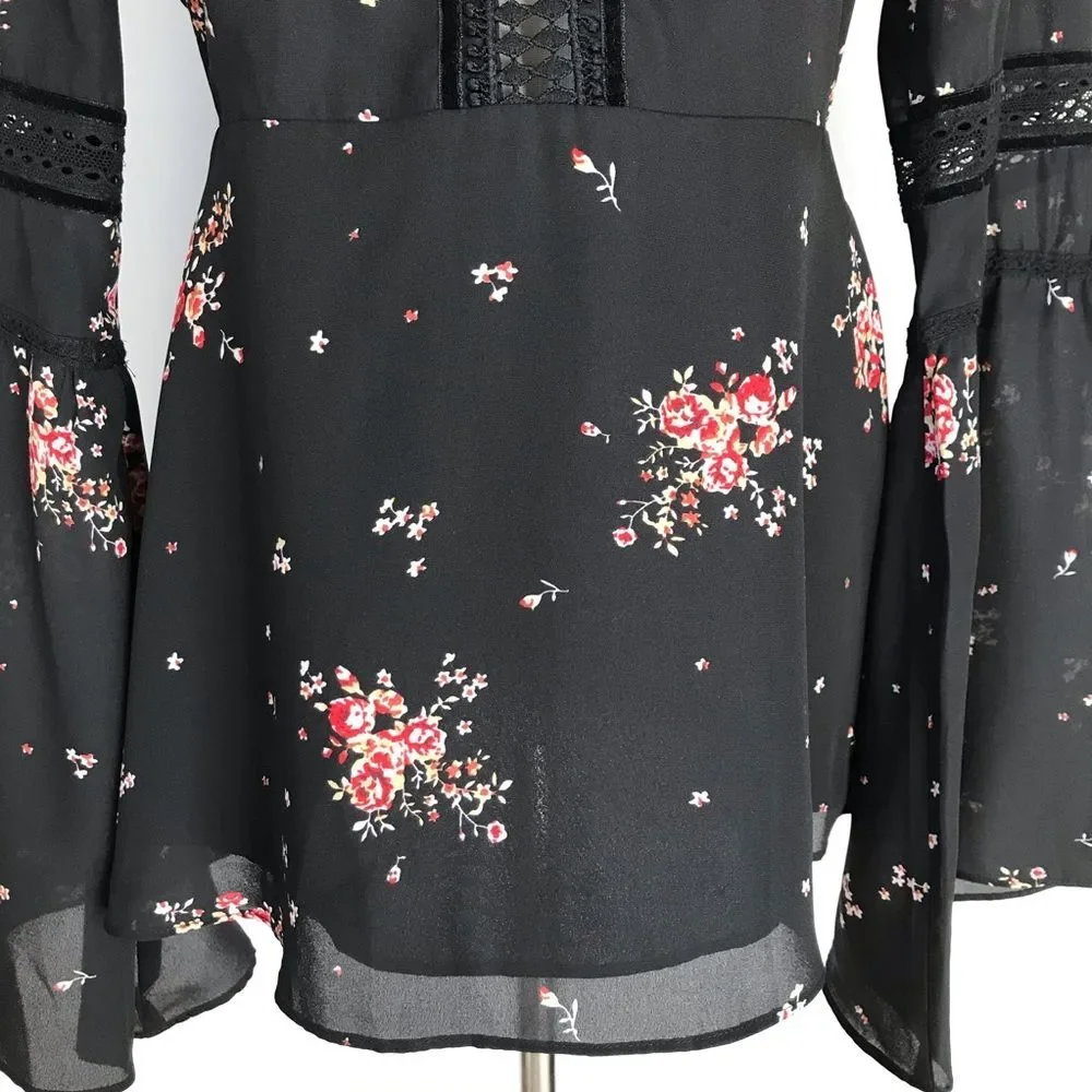Show Me Your MuMu Lafayette Blouse XS NWT Black Red Cherry Blossom Bell Sleeve